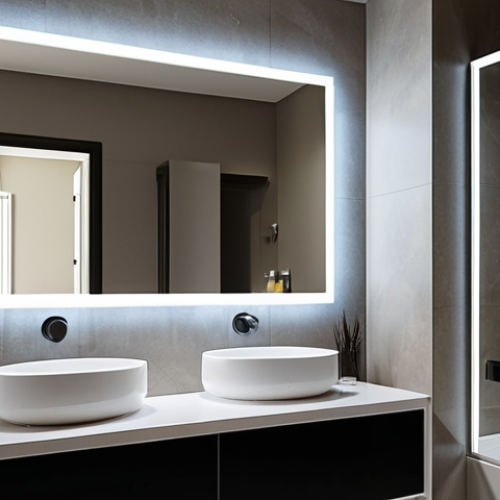 Home 15 Minimalist Smart Mirror in a Modern Bathroom**
Prompt: "Sleek, minimalist smart mirror in a modern bathroom setting. Clean lines, thin frame, displaying time and weather information. Soft LED lighting. Focus on simplicity and elegance. High-resolution, realistic."
**