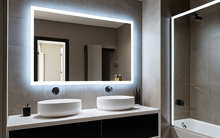 Minimalist Smart Mirror in a Modern Bathroom**
Prompt: "Sleek, minimalist smart mirror in a modern bathroom setting. Clean lines, thin frame, displaying time and weather information. Soft LED lighting. Focus on simplicity and elegance. High-resolution, realistic."
**