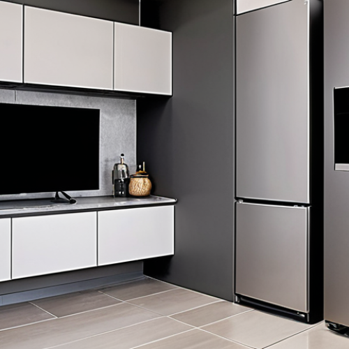 Home 14 **Harmonious Smart Home**: A modern Malaysian home interior with a focus on a kitchen featuring smart appliances in a cohesive color palette (e.g., neutral grays). The appliances are a refrigerator, washing machine, and microwave. Emphasize the clean, organized, and elegant aesthetic. Consider incorporating stainless steel and glass elements.