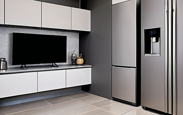 **Harmonious Smart Home**: A modern Malaysian home interior with a focus on a kitchen featuring smart appliances in a cohesive color palette (e.g., neutral grays). The appliances are a refrigerator, washing machine, and microwave. Emphasize the clean, organized, and elegant aesthetic. Consider incorporating stainless steel and glass elements.