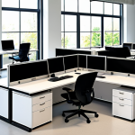 **

*   Prompt: "Modern smart office with smart desks, sensors, and adjustable height features, ergonomic design, bright, natural light, promoting employee well-being."

**