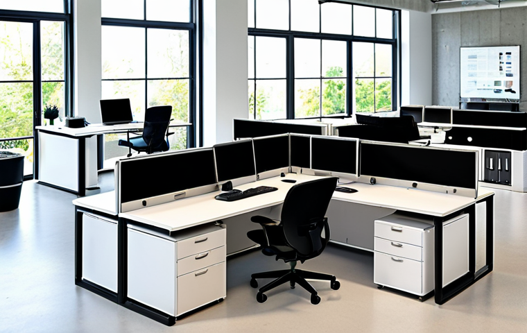 **
* Prompt: "Modern smart office with smart desks, sensors, and adjustable height features, ergonomic design, bright, natural light, promoting employee well-being."
**